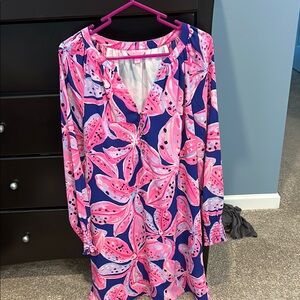 Lilly Pulitzer Pink and Blue V-Neck Bishop Sleeve Dress
